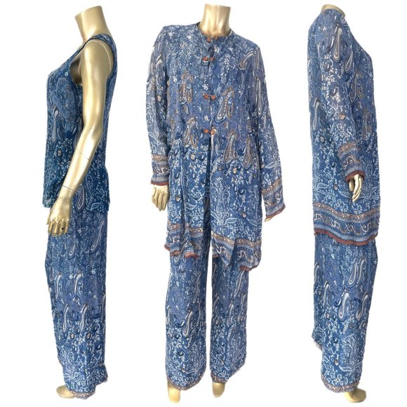 VINTAGE JA RESORT 100% RAYON FOUR-PIECE PANT SET, PAISLEY PRINT SIZE S - Picture 2 of 13